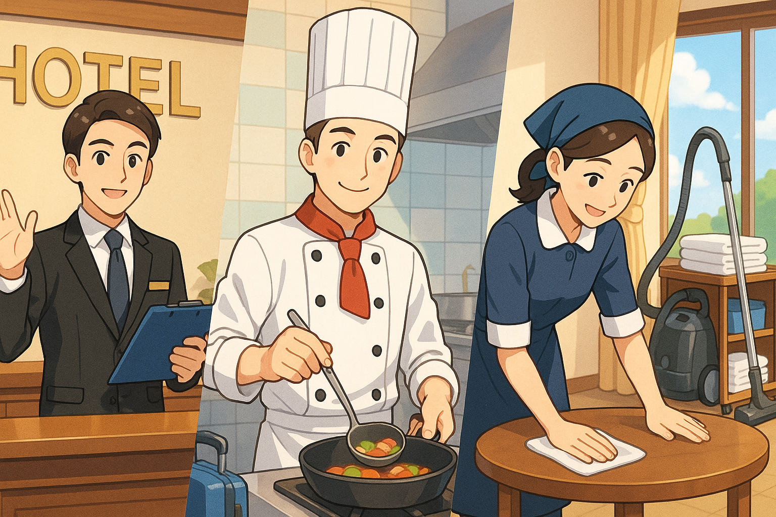 ホテルと清掃スタッフ